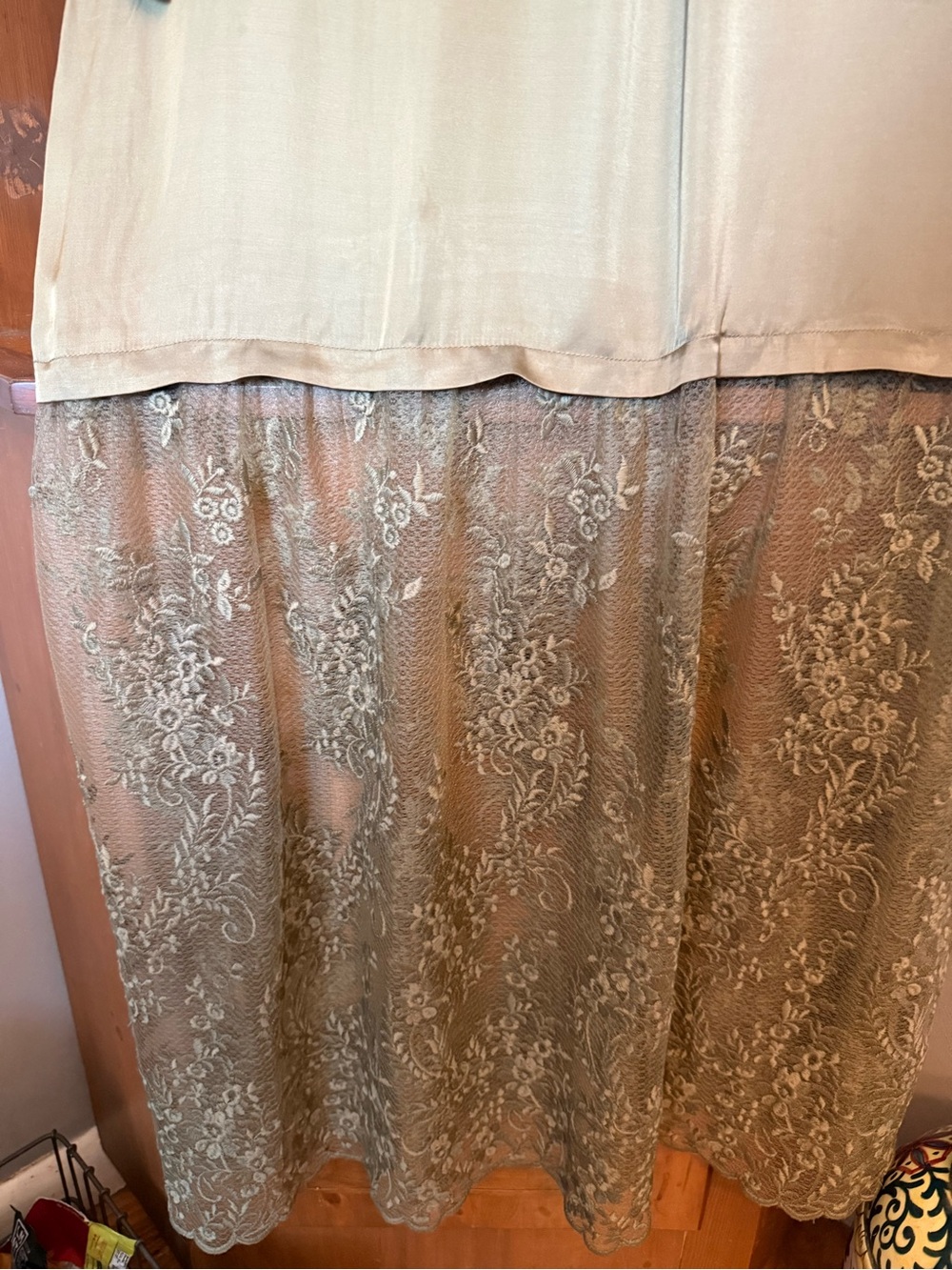 Anthropologie Lace Mix Twofer Satin Maxi Dress olive green satin button-down M - Picture 6 of 16